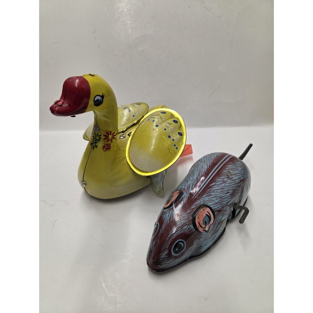 Lot of 2 Vintage Tin Metal Wind Up Toys - Duck & Mouse - China & Japan
